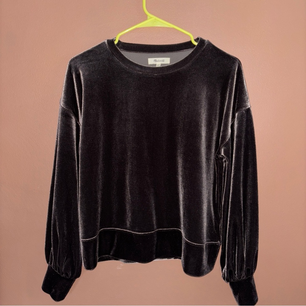 Madewell Velvet Balloon-Sleeve Sweatshirt Metal Gray XS
